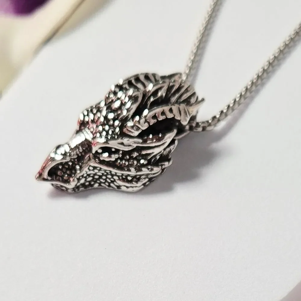 Dragon Head Pendant Necklace Antique Silver Stainless Steel 24” Fantasy